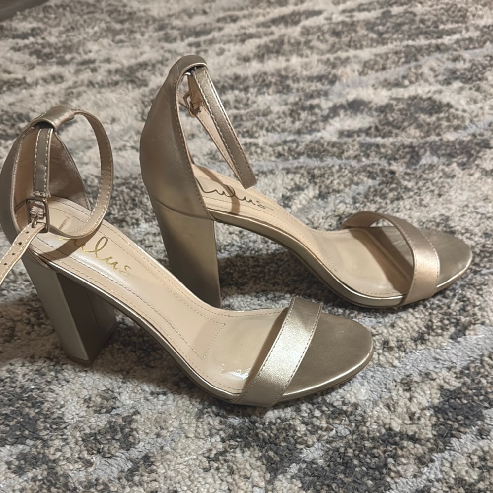 LULUS gold chunky ankle strap heels